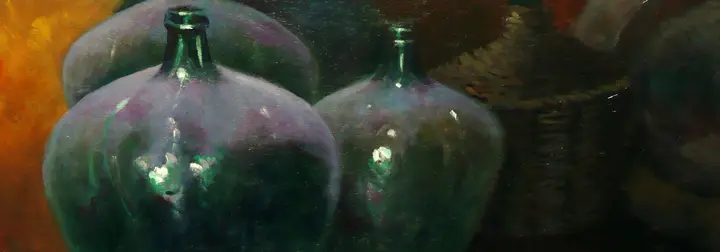Botellas — Óleo sobre tabla 55 x 20 cm.