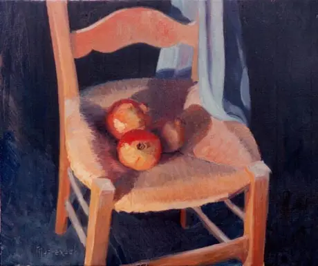 Silla y granadas — Óleo sobre tela 61x50 cm.