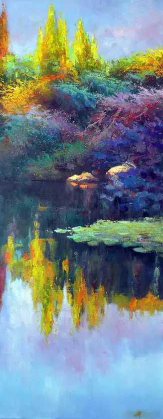 CIPRESES EN EL LAGO — Óleo sobre tela 40 x 100 cm.
