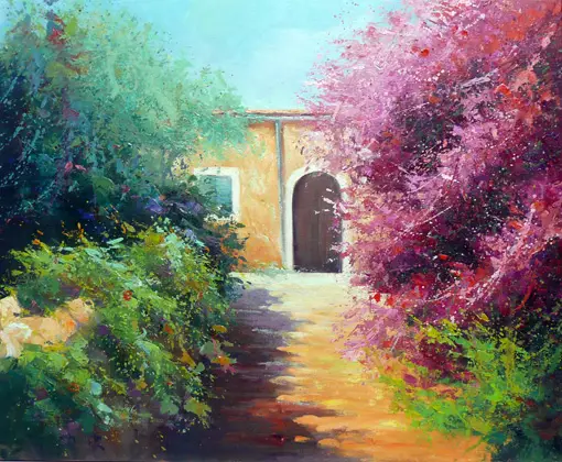 CASA Y BUGAMBILIA — Óleo sobre tela 61 x 50 cm.